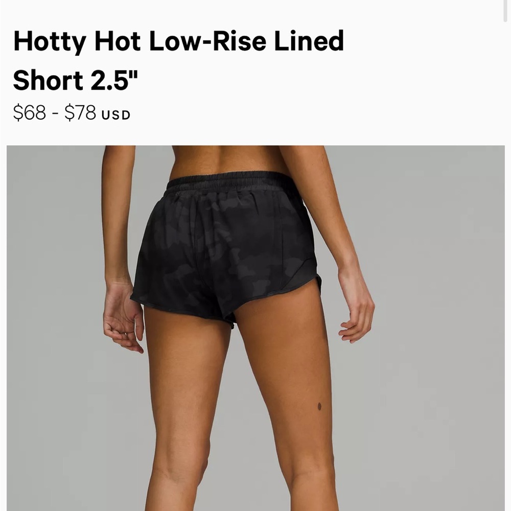 NWT Unopened Lululemon Hotty Hot 2.5” Shorts, Camo Deep Coal/Black, Size 6
